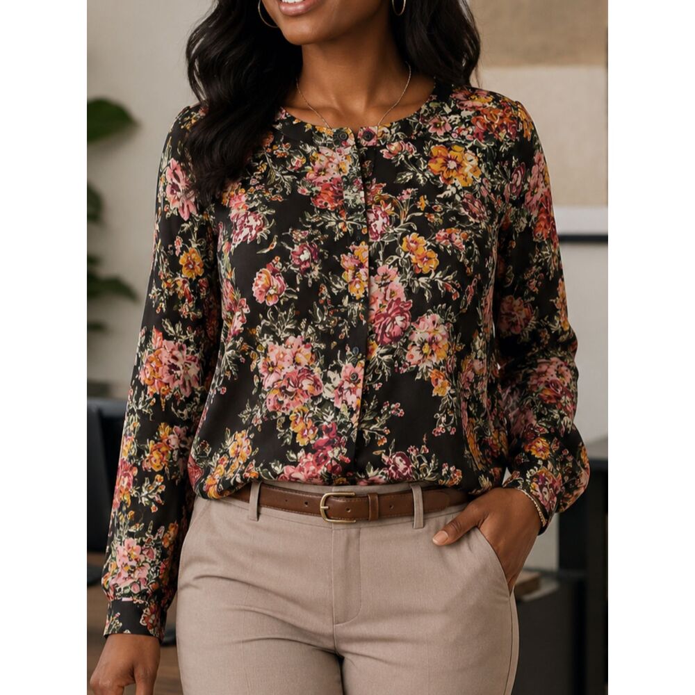 Denim & Co. Floral Button Front Blouse Medium Black Pink Long Sleeve Boho Top